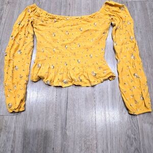 Hollister Top Sz L Yellow Floral Boho Cropped Stretchy